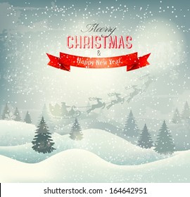 Christmas winter landscape background with santa sleigh. Vector.