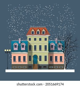 Christmas winter landscape with beautiful facades of houses. Vector illustration.