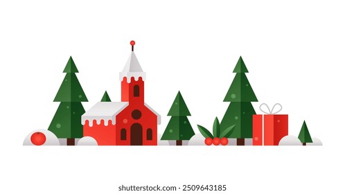 Navidades de paisaje invernal con iglesia y bosque. Paisaje geométrico de vacaciones con nieve, pinos, caja de regalo roja y muérdago, ilustración plana de Vector para diseño de Navidades aislado sobre fondo blanco