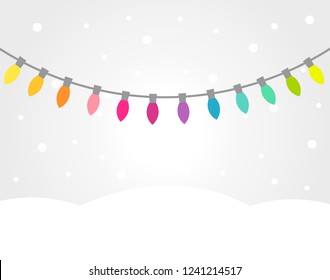 Christmas winter landscape with colorful lights strings. Vector background.