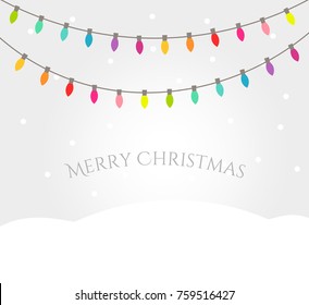 Christmas winter landscape with colorful lights strings. Christmas greetings card illustration