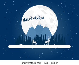 Christmas winter landscape with deer in the forest on a background of mountains. Flat vector illustration