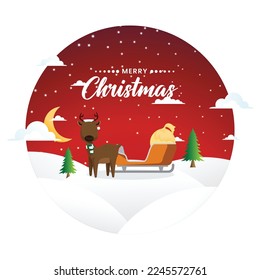 Christmas winter landscape with deer and Santa's sleigh.  Christmas festive poster design