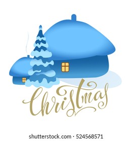 Christmas. Christmas winter landscape with fir trees and house