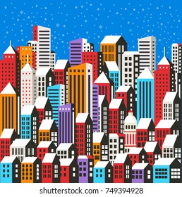 Christmas winter landscape flat city xmas backdrop urban building background for holiday and design