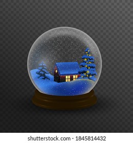 Christmas winter landscape globe with snow house forest mountains and stars inside isolated vector illustration
