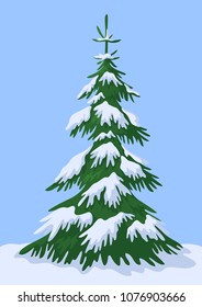 Christmas Winter Landscape, Green Fir Tree with White Snow Against the Blue Sky. Vector