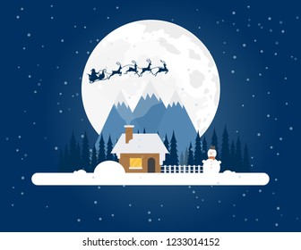 Christmas winter landscape with a house in the forest. Snowy evening village in the forest on a background of mountains. Christmas snowman. Flat vector illustration
