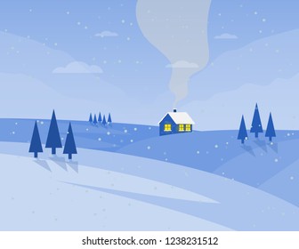 Christmas winter landscape with a house in the forest. Snowy evening village in the forest on a background of mountains. Christmas snowman. Flat vector illustration