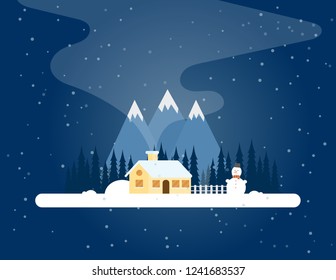 Christmas winter landscape with a house in the forest. Snowy evening village in the forest on a background of mountains. Christmas snowman. Flat vector illustration