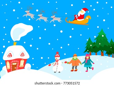 Christmas winter landscape with house, snowman, Santa and deers. Holiday greeting card template, invitation, poster
