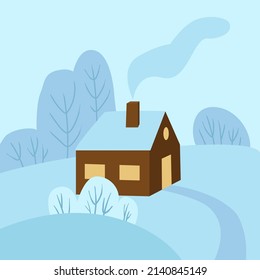 Christmas winter landscape. House and trees. Flat style. Vector illustration.