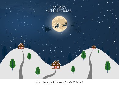 Christmas winter landscape illustration background design with flying santa and moon in the night.