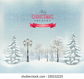 Christmas winter landscape with lampposts. Vector.