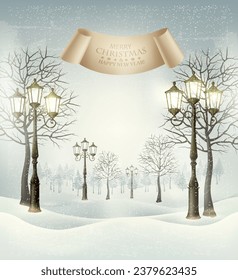 Christmas winter landscape with lampposts and vintage paper sign. Vector.