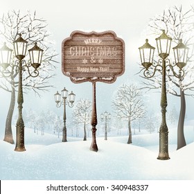 Christmas  winter landscape with lampposts and wooden sign. Vector.