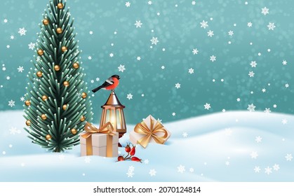 Christmas Winter landscape with luxury gifts lying in the snow, lantern and a bird. Merry Christmas and Happy New Year banner