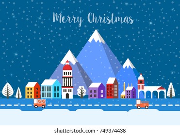 Christmas winter landscape mountains flat city xmas backdrop urban building for holiday and design