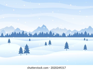 Christmas Winter Landscape and New Year Background Vector Illustration With a View Of Falling White Snow, Trees, Mountains In Flat Style Design
