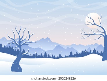 Christmas Winter Landscape and New Year Background Vector Illustration With a View Of Falling White Snow, Trees, Mountains In Flat Style Design