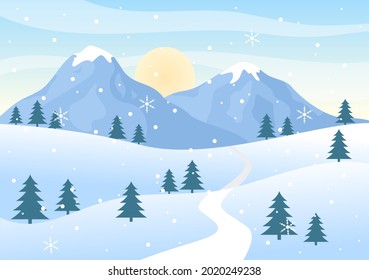 Christmas Winter Landscape and New Year Background Vector Illustration With a View Of Falling White Snow, Trees, Mountains In Flat Style Design