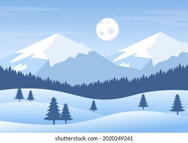 Paisaje invernal navideño e iluminación vectorial de Año Nuevo con vistas a la caída de la nieve blanca, los árboles y las montañas con un diseño de estilo plano