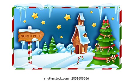 Christmas winter landscape, North Pole vector background, x-mas snow scenery, Santa Claus house. New Year decorated pine tree, snowdrift, woodland season view, icicle. Christmas village landscape