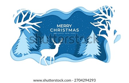 Christmas winter landscape paper cut style cartoon illustration background