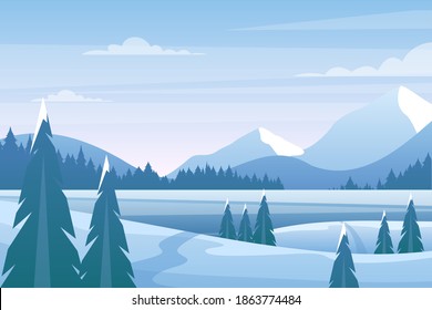 Christmas winter landscape with pine trees vector illustration. Cartoon snowy countryside nature, pine or fir trees with snowdrifts on branches, frozen blue hills and snow peak mountains background