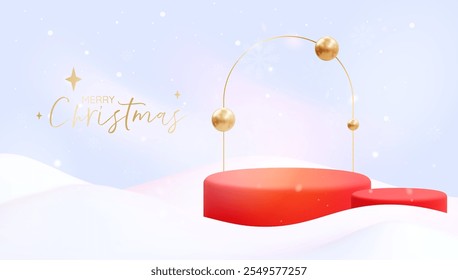 Christmas winter landscape podium with golden arch and golden balls