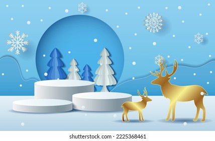 Christmas Winter landscape with product podium scene and gold reindeer. winter holiday pedestal ice snow 3d rendering vector background with podium. Vector illustration