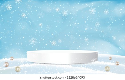 Christmas Winter landscape Product podium on the background of drifts, snowflakes and snow. 3D winter and Christmas podium display.Stage pedestal or platform in snow. Holiday Vector illustration EPS10
