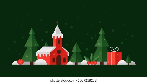 Paisaje invernal de Navidades con iglesia roja y bosque. Paisaje geométrico de vacaciones con nieve blanca, pinos, caja de regalo y muérdago, ilustración plana de Vector para tarjetas de Navidad, diseño de embalaje