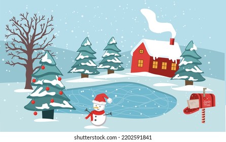 Christmas, winter landscape, skating rink. Vector.