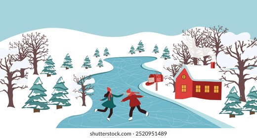 Christmas, winter landscape, skating rink. Vector