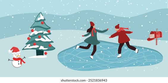 Navidades, paisaje invernal, pista de patinaje. Vector.