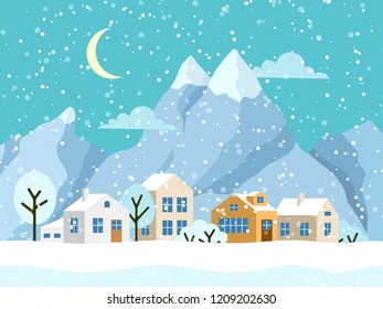 Christmas winter landscape with small houses. Snowy evening village with mountains. Vector illustration