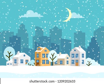 Christmas winter landscape with small houses. Snowy evening village. Vector illustration