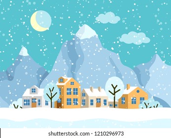 Christmas winter landscape with small houses. Snowy evening village with mountains. Vector illustration