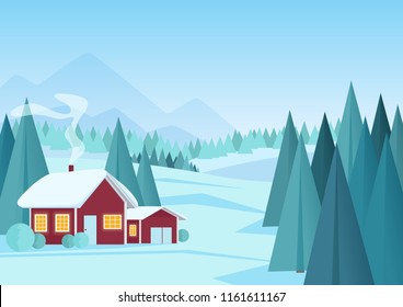 Christmas winter landscape with small red house in pine forest vector illustration. Cartoon winter landscape.