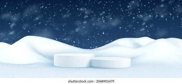 Christmas Winter landscape with snow drifts and product podium scene. 3D realistic snow background. Christmas Snow drifts isolated on transparent background. Vector illustration EPS10