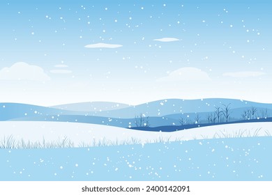 Weihnachtswinterlandschaft mit Schneeschiffen und schneebedecktem Wetter. Schneehintergrund. Weihnachtsschneeflocke. Neujahrsdesign. Flache Vektorgrafik.