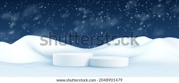 Christmas Winter landscape with snow drifts and\
product podium scene. 3D realistic snow background. Christmas Snow\
drifts isolated on transparent background. Vector illustration\
EPS10
