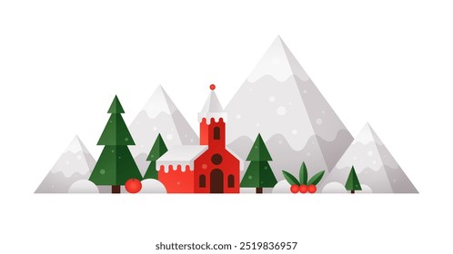 Paisaje invernal de Navidades con montañas nevadas, iglesia y árboles. Paisaje geométrico de vacaciones con nevadas, montañas, pinos y muérdago, ilustración plana de Vector aislada sobre fondo blanco