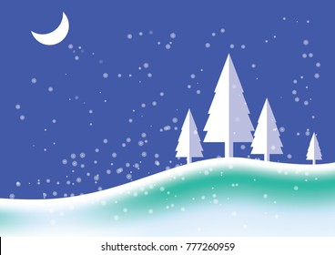  Christmas winter landscape with snow, tree and moon background.