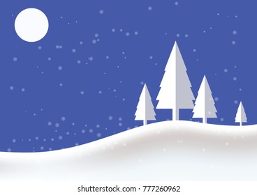  Christmas winter landscape with snow, tree and moon background.