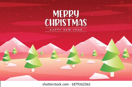 Christmas winter landscape with Snowy Mountains, Christmas trees, and snowflakes on Red background. Cartoon Winter snowy landscape.