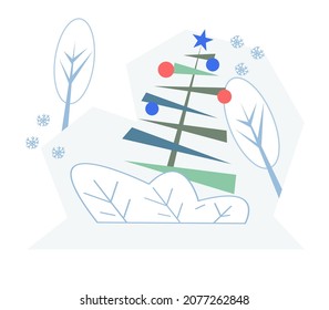 Christmas winter landscape with spruce and trees under snow, flat vector illustration isolated on white background. Christmas and New Year decorative element or banner backdrop.