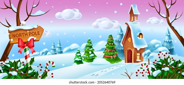 Christmas winter landscape, vector holiday x-mas woodland background, Santa Claus cartoon house. Frozen forest view, north pole wooden sign board, snow drift, pine tree. Christmas landscape scene