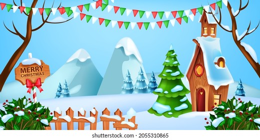 Christmas winter landscape, vector holiday x-mas snow background, pine tree, Santa Claus house, flags. Holiday mountain view, holly bush, wooden fence snowdrift. Christmas landscape celebration banner